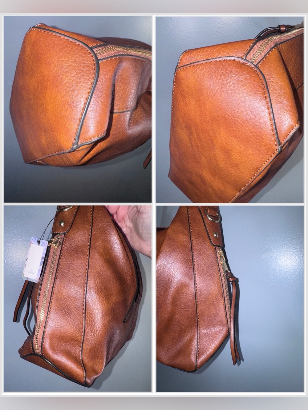 Brown Faux Leather Slouchy Hobo Shoulder Bag NWT Side Pockets Crossbody Strap - Picture 5 of 11